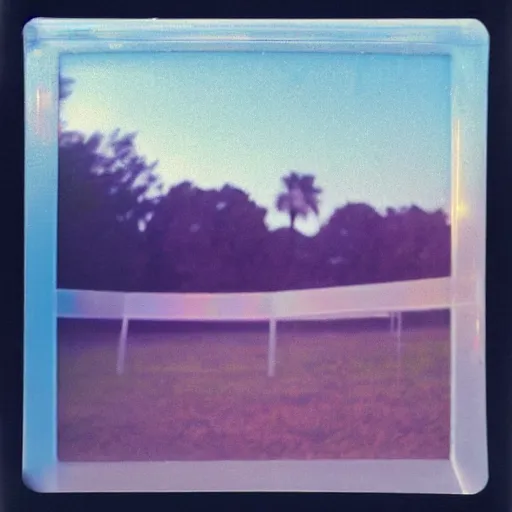 Image similar to a pastel coloured Polaroid photo of a minimalist sunbed made of transparent iridescent perspex stood in a field, beams of light, nostalgic