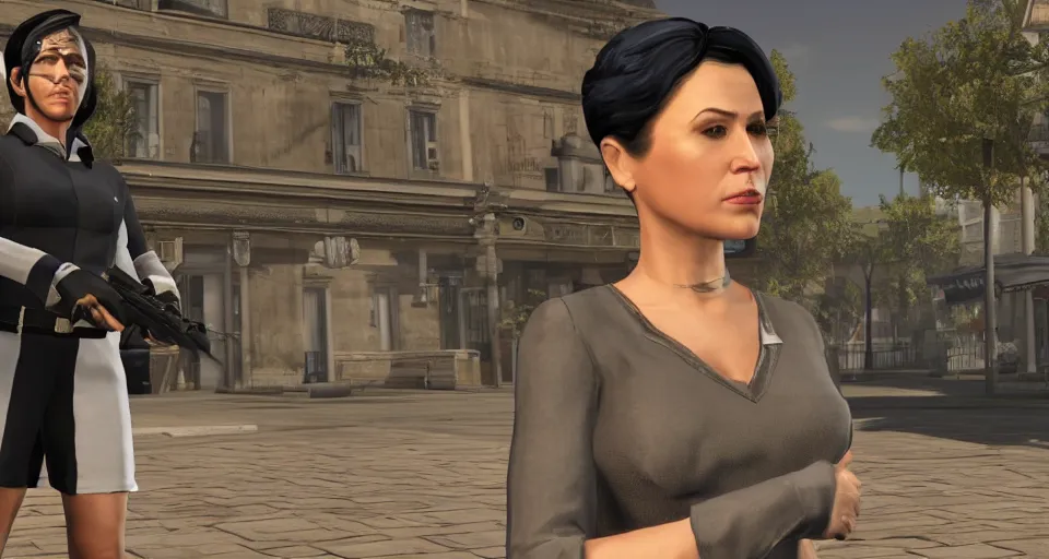 Prompt: Screenshot of Sterling Lana Kane from the show Archer as a 3d NPC in the videogame 'Hitman 3' (2021). Beautiful environment. Gorgeous level. Fancy dress. Sharpened. 4k. High-res. Ultra graphics settings.