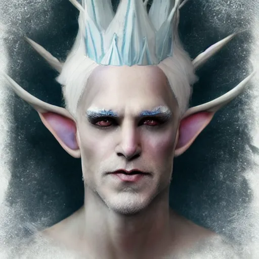 Prompt: the frightening archfey called'the prince of frost ', fantasy, white hair, blue skin, wild eyebrows, middle - age, elf, crown, hard edges, soft lighting, professional lighting, trending on cgsociety