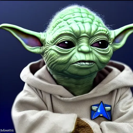 Prompt: stunning award winning hyperrealistic hdr 8 k highly detailed photo of yoda wearing a blue star trek uniform