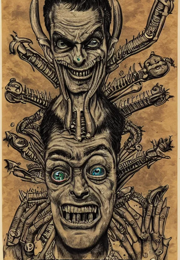 Image similar to subgenius, x - day, aliens, weird stuff, occult stuff, devil stuff, extreme detail, vintage, stained paper, hyperrealism, stage lighting