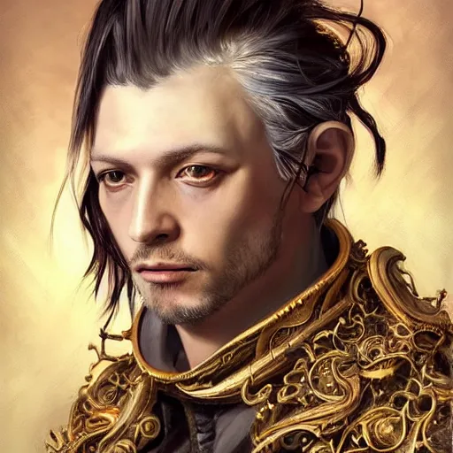 Image similar to portrait, headshot, insanely nice professional hair style, dramatic hair color, digital painting, of a old 17th century, old cyborg merchant, amber jewels, baroque, ornate clothing, scifi, realistic, hyperdetailed, chiaroscuro, concept art, art by Franz Hals and Jon Foster and Ayami Kojima and Amano and Karol Bak,