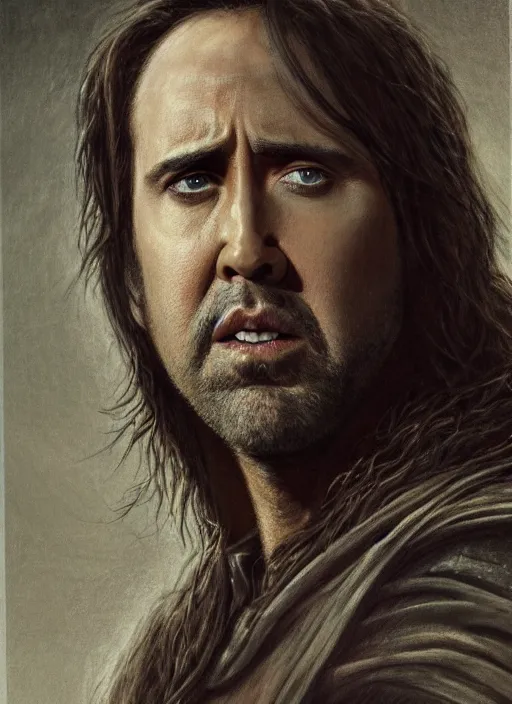 Image similar to portrait of nicolas cage as aragorn, by alan lee, lord of the rings, smooth, detailed terrain, oil painting, matte painting, concept art, trending on artstation, promotional artwork, film still, elegant, photorealistic facial features, intricate, detailed face, cinematic lighting