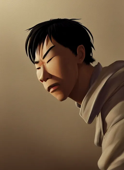 Image similar to a painting of a handsome sad Asian guy, in the style of DreamWorks animation, low angle view, 16mm lens, award winning, mid-shot, hyper detailed, dramatic lighting, artstation, octane renderer, unreal engine