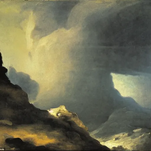 Image similar to goya the colossus painting, towering stone man, atmospheric haze, stormy, tundra, hudson river school, princess in foreground, large scale