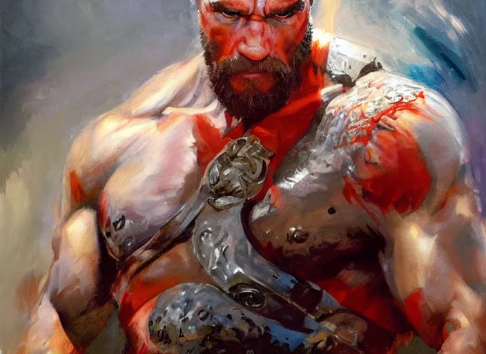 Image similar to a highly detailed beautiful portrait of arnold schwarzenegger as kratos, by gregory manchess, james gurney, james jean