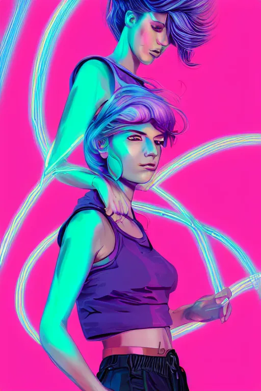 Image similar to a award winning half body portrait of a beautiful woman in a croptop and cargo pants with ombre purple pink teal hairstyle and hands in pockets by ari liloan, surrounded by whirling illuminated lines, outrun, vaporware, shaded flat illustration, digital art, trending on artstation, highly detailed, fine detail, intricate