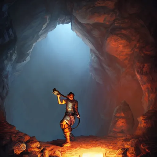 Image similar to a epic hero adventurer holding a torch in a dark cave, artgerm, realistic, cryengine, symmetric