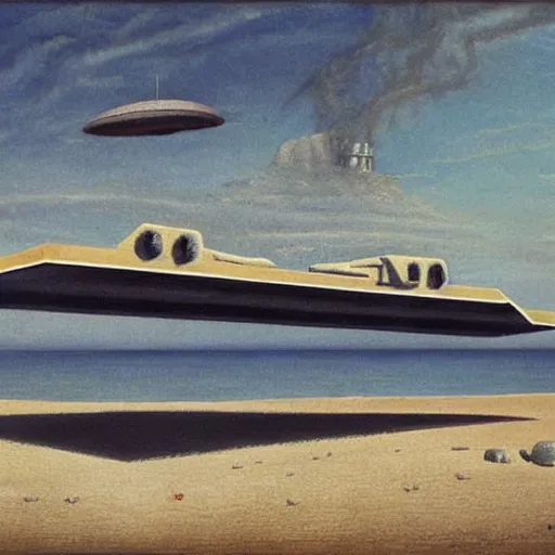 Image similar to a rectangular space ship hover over a beach by h. r. giger.