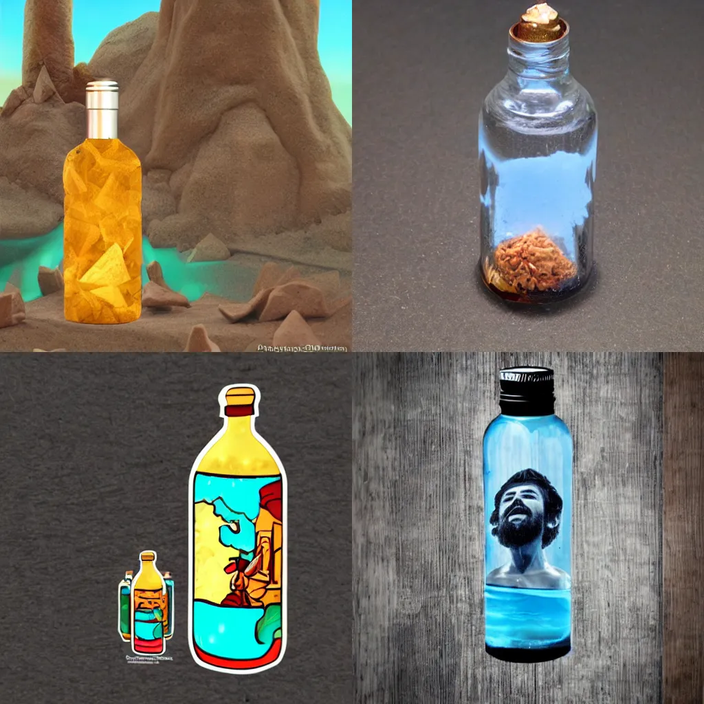 Prompt: a god stuck in a bottle