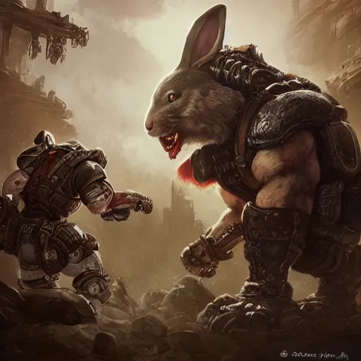 Prompt: cute little anthropomorphic Rabbit and Extreme Brutal Wolf in Gears of War cover art, ultra wide lens shot, tiny, small, short, cute and adorable, pretty, beautiful, DnD character art portrait, matte fantasy painting, DeviantArt Artstation, by Jason Felix by Steve Argyle by Tyler Jacobson by Peter Mohrbacher, cinematic lighting