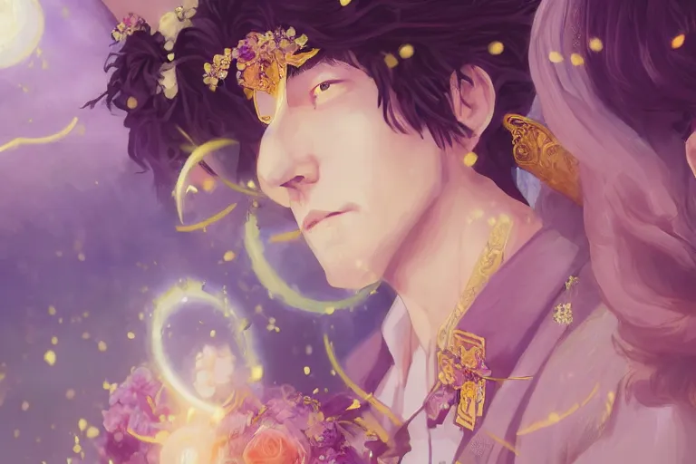 Image similar to a cinematic portrait of wedding photograph jpeg close up moment of a divine a japan sun god and moon goddess lovers magician at a wedding banquet. portraiture. digital painting. artstation. concept art. wedding photo. digital painting. violet evergarden art masterpiece by art by krenz cushart