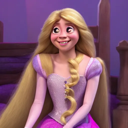 Image similar to Jennette McCurdy as Rapunzel in disney tangled live action, 8k full HD photo, cinematic lighting, anatomically correct, oscar award winning, action filled, correct eye placement,