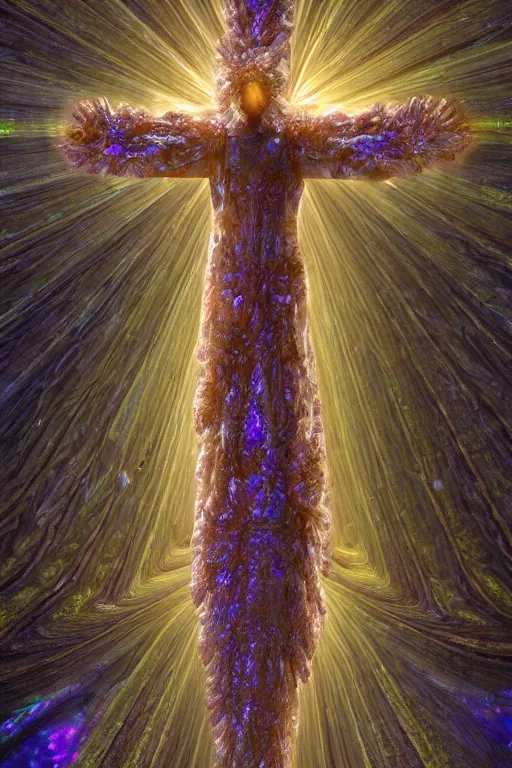 Image similar to a crystalline 3 d mandelbulb fractal in the shape of jesus christ on the cross, bioluminescent opal, fractal, magnificent lighting, ethereal, ray tracing, octane, holographic