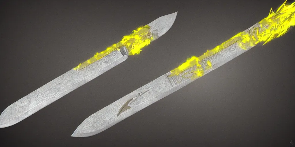 Image similar to silver sword with its blade covered in glowing yellow sigils, realistic, high quality, artstation, concept art