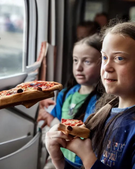 Prompt: film still close - up shot of greta thunberg giving a speech in a crowded train station eating pizza, smiling, the sun is shining. photographic, photography