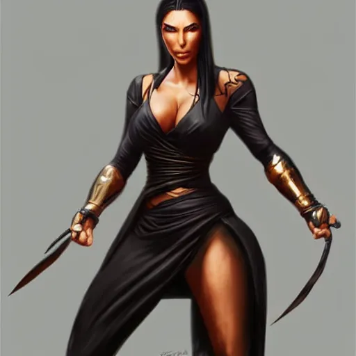 Prompt: unreleased concept art of kim kardashian as a ninja mortal kombat character, expressive pose, intricate, elegant, highly detailed, digital painting, artstation, concept art, smooth, sharp focus, illustration, art by artgerm and greg rutkowski and alphonse mucha