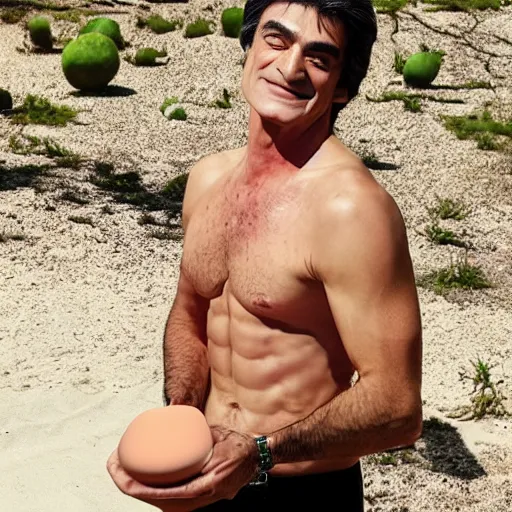 Prompt: shirtless mehmet oz, bowing to a magic bean with a face