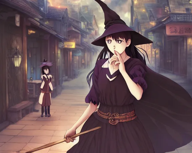 Image similar to key anime visual portrait of a young female witch walking through a busy village, dynamic pose, dynamic perspective, cinematic, dramatic lighting, muted colors, detailed silhouette, textured, finely detailed eyes, anime proportions, anmi, murata range, kentaro miura