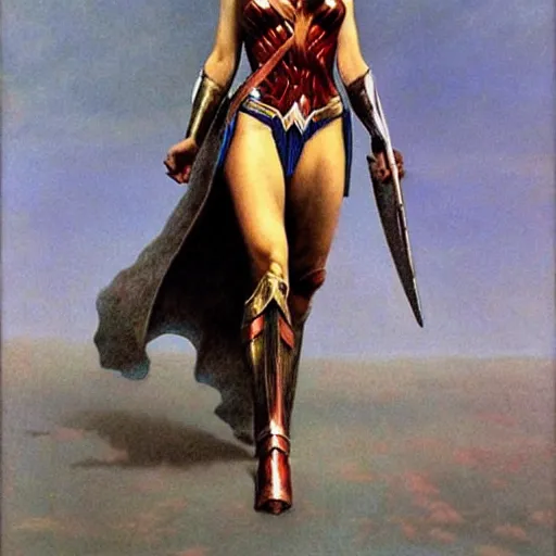 Prompt: Gal Gadot as Wonder Woman, by Beksinski