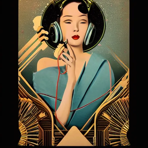 Image similar to intricate, amazing, art deco, retro vintage, painting by natelle quek, soft color palette, highly detailed, godess with headphones from space sci - fi of ancient religion