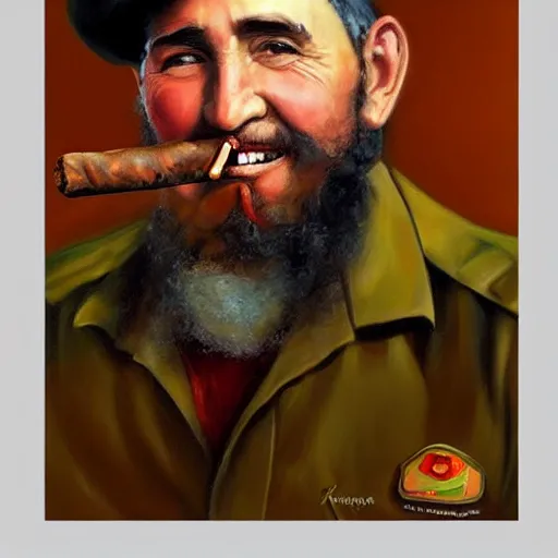Prompt: oil painted portrait of fidel castro smiling with a cigar - warm colors - cuba - havana - style of sophie anderson - artstation trending