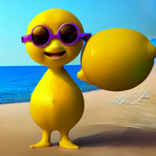 Prompt: A 3d pixar render of a lemon character with blue sunglasses on the beach excited for the launch of Stable Diffusion, 50mm lens