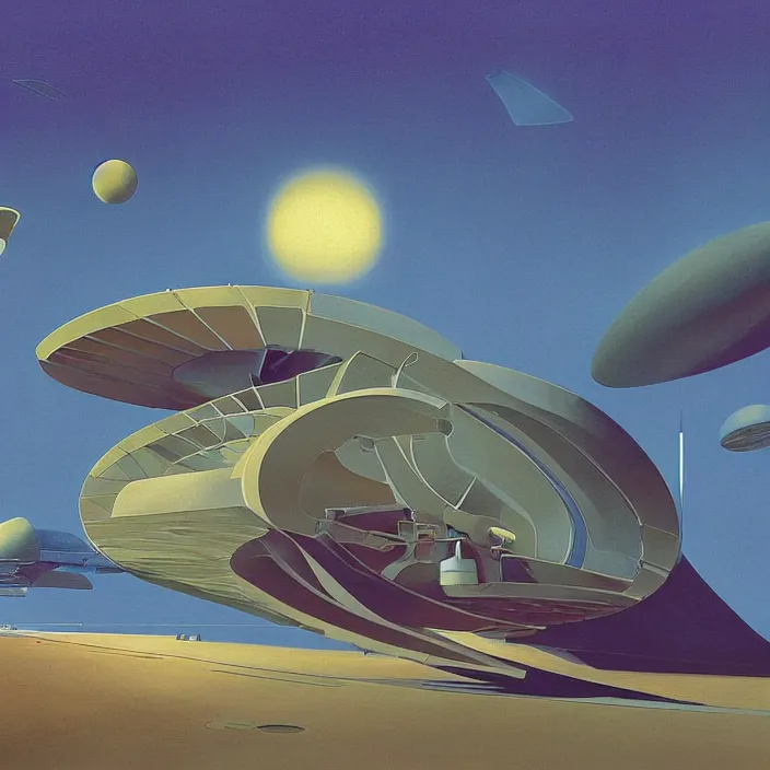 Prompt: tropical spacecraft, science fiction, extremely detailed, pastel colors, intricate, hard light, flat, illustration, volumetric lighting, digital painting, by roger dean, by santiago calatrava, by corbusier