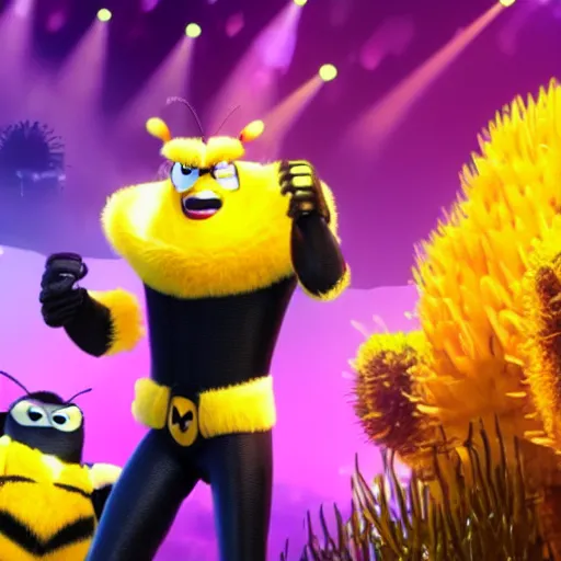 Prompt: bumblebee singing on stage with a keyboard in a pixar movie