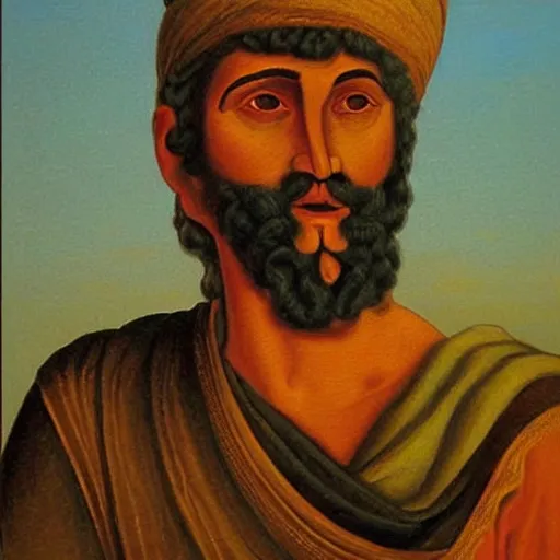 Image similar to portrait of ancient silly greek man with sharp nose. fine detail. artistic painting by lurid