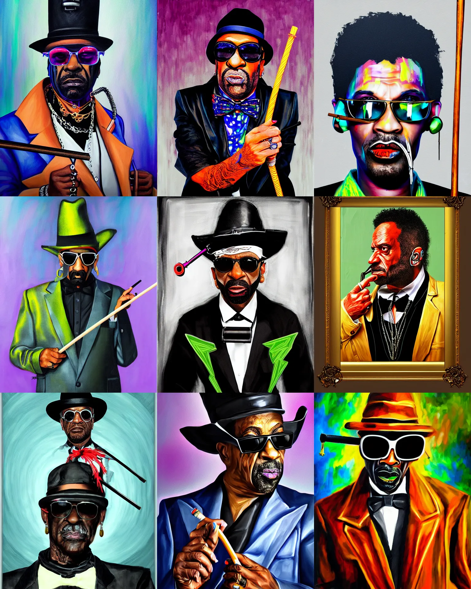 Prompt: artistic painting portrait of futuristic pimp with cane, techno-punk