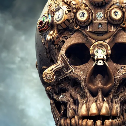 Image similar to many eyed deity artifact with circuitry structure skull and neural network mind, intricate detail, royo, whealan, giger, hd, 8 k, octane render, unreal engine,