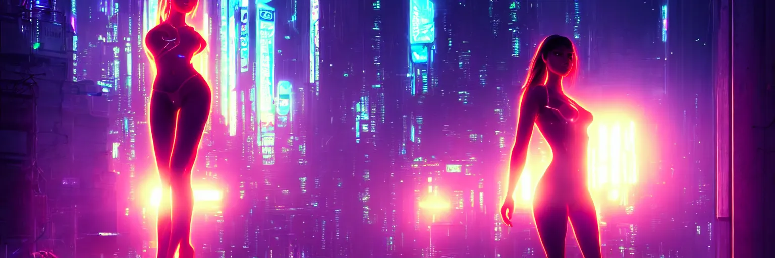 Prompt: backlit photography of a female humanoid in a cyberpunk cityscape, half body cropping, elegant glamor pose, accurate anatomy, cyber led neon lighting, bokeh, rule of thirds, hyper photorealistic, crispy quality, digital photography, art by pascal blanche, art by artgerm, art by greg rutkowski,