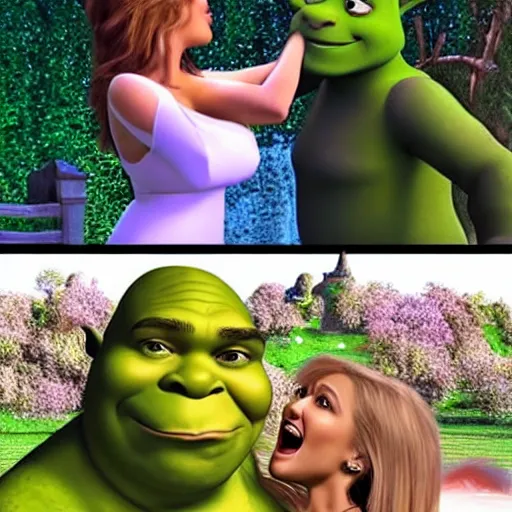 Image similar to shrek kissing jennifer lopez, realistic, cctv chest cam, ultra detailed, 😂🎉💩💨