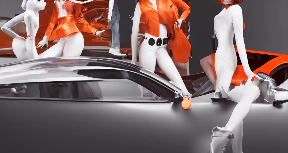 Image similar to closeup shot of a clockwork orange female droog gang designed artgerm and a red pininfarina sportscar in the background hdr, 8 k, hyperrealistic, volumetric lighting