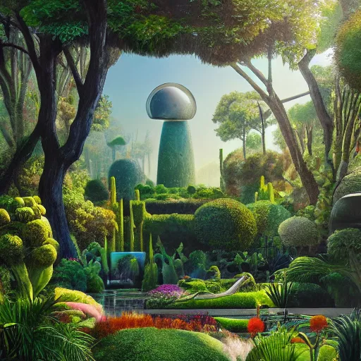 Image similar to beeple painting of a magnificent garden filled with remarkable sculptures, trees, and structures, incredible details