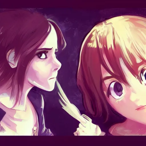 Image similar to Emma watson as a chibi anime girl, digital painting, artstation, concept art, sharp focus, illustration, art by studio ghibli and alphonse mucha