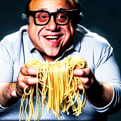 Prompt: a photograph of danny devito after a truly disastrous spaghetti incident