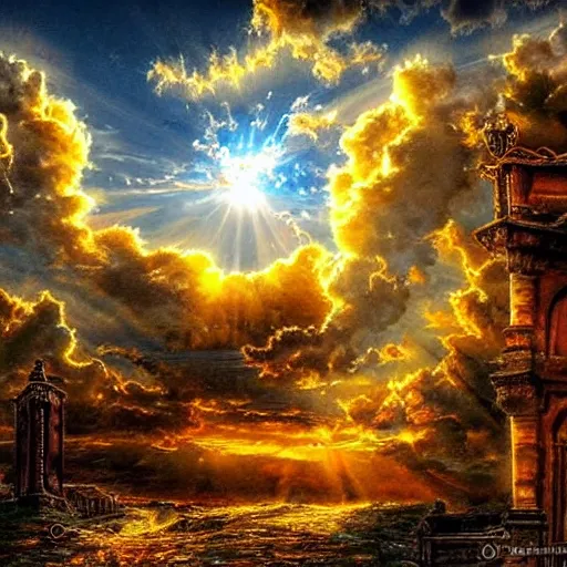 Prompt: the gates of heaven with incredible clouds and light, very detailed