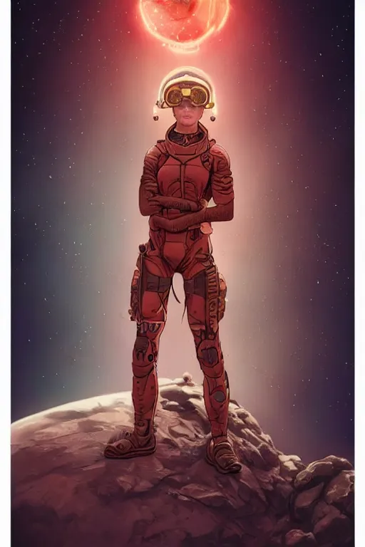 Image similar to tattooed stoic heroic emotionless butch blond woman engineer stranded on hostile dusty red alien planet, red dust storm, awkward and anxious, victorian goggles, very short slicked - back hair, by artgerm and moebius, ornate, stunning, nebula, explosions in the sky, trending on artstation