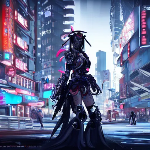 Image similar to A cyborg Valkyrie combined with a Geisha, in a cyberpunk city, concept art, art station, Award winning, unreal engine, 4K