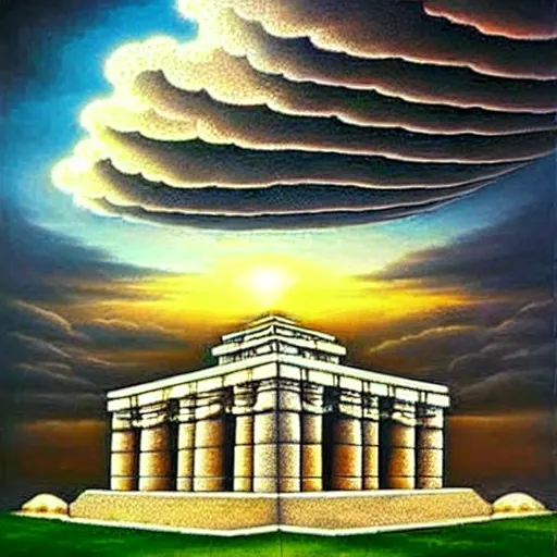 Image similar to hidden imagery incredible digital art optical illusion, superb detailed clouds shaped like the second temple in jerusalem, awe inspiring, masterpiece surrealism