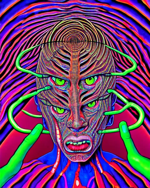 Image similar to human body breaking away, conjuring psychedelic background, part by shintaro kago, part by alex gray, ultra realistic, highly detailed, 8 k, trending on artstation, fractalism, symmetry