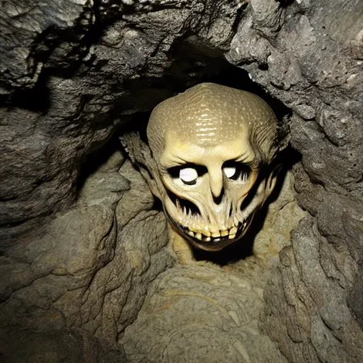 Image similar to photo inside a cavern of a scary humanoid partially hidden behind a rock with wet lizard skin and a mouth with sharp tooth and black eyes, staring at a tourist