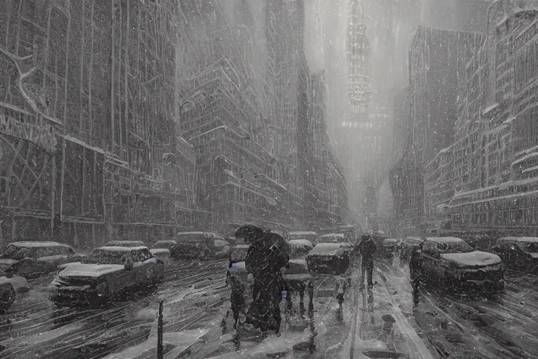 Image similar to New York city enveloped in ice, winter season, moody scene, highly detailed, intricate, sharp details, dystopian mood, 1950 scene by Victo ngai, David Rubín, Mike Mignola, Laurie Greasley ,gaston bussiere, craig mullins, somber lighting, drawn by Giacomo Burattini, inspired by graphic novel cover art, hyperrealistic, 8k by RHADS