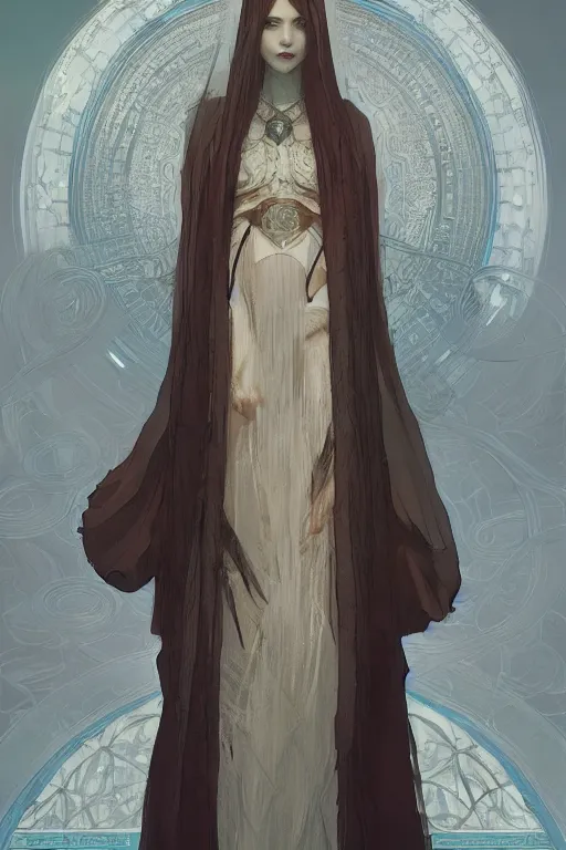 Image similar to pale priestess of the sacral moon full body portrait highly detailed, digital painting, artstation, concept art, smooth and sharp focus, illustration, art by tian zi and wlop and alphonse mucha