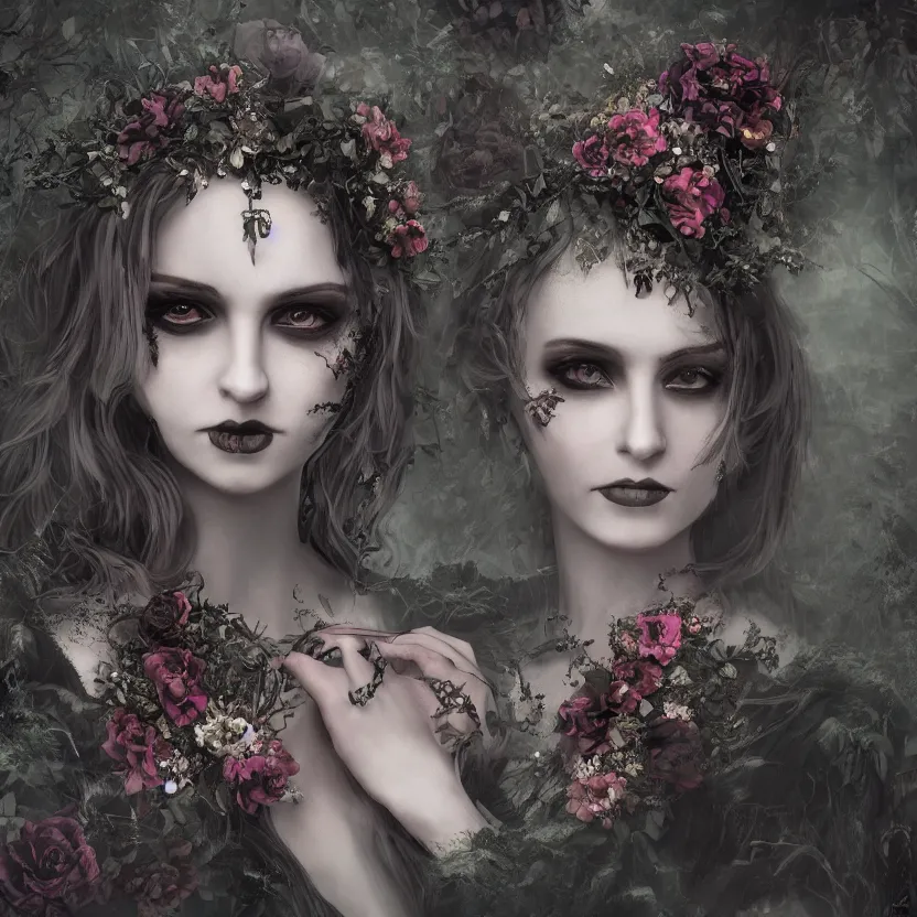 Image similar to A portrait of a Gothic goddess of floral jewels in an empty land, dark and mysterious, lively atmospheric, cinematic, 8k, 4k, ultra detail, ultra-realistic, rendered by DeviantArt
