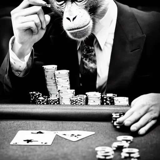 Image similar to monkey in a suit smoking a cigar and playing poker in a casino, 5 0 mm, black and white photo