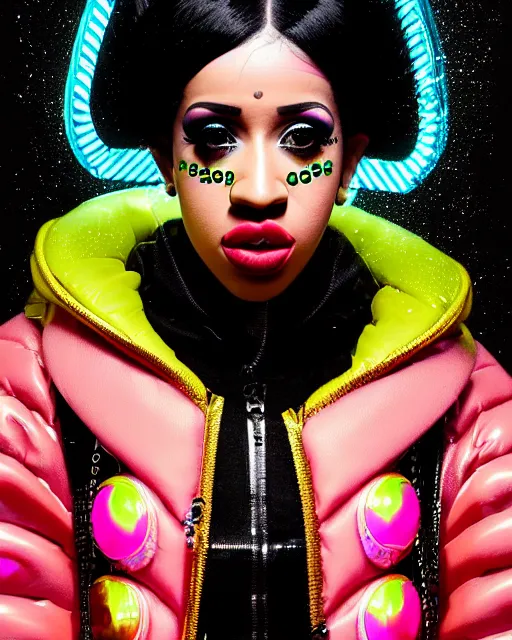 Prompt: detailed side profile portrait of Cardi B, cyberpunk futuristic neon, reflective puffy coat, decorated with traditional Japanese ornaments by Ismail inceoglu dragan bibin hans thoma greg rutkowski Alexandros Pyromallis Nekro Rene Maritte Illustrated, Perfect face, fine details, realistic shaded, fine-face, pretty face