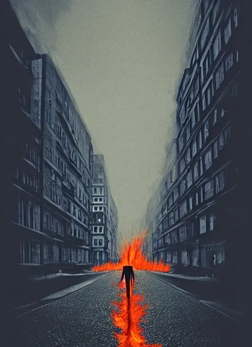 Image similar to City on fire flowing flames lone man walking, Mads Berg, Karolis Strautniekas, James Yang, film noir, stippled light, dramatic lighting,editorial illustration, detailed, matte print, dark blue, dark orange, white, red